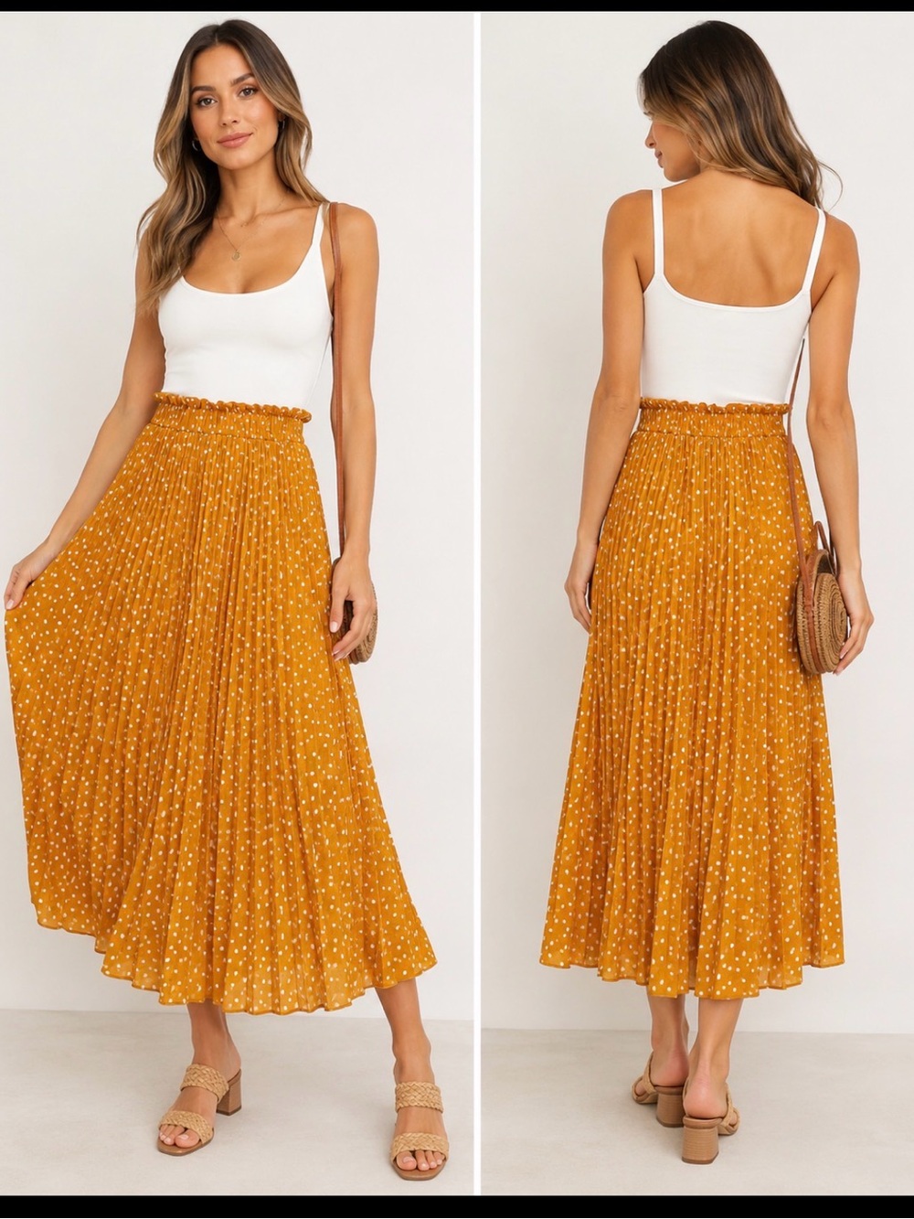 NWT EXLURA Mustard Polka Dot Pleated Midi Skirt M